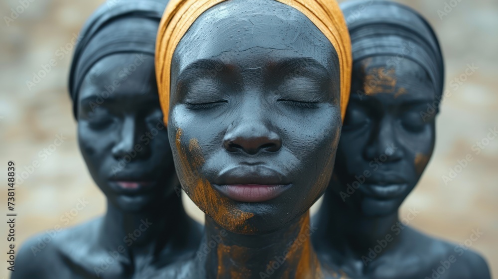 a close up of a woman's face with mud on her face and three other women's heads. a close up of a woman's face with mud on her face and three other women's heads.