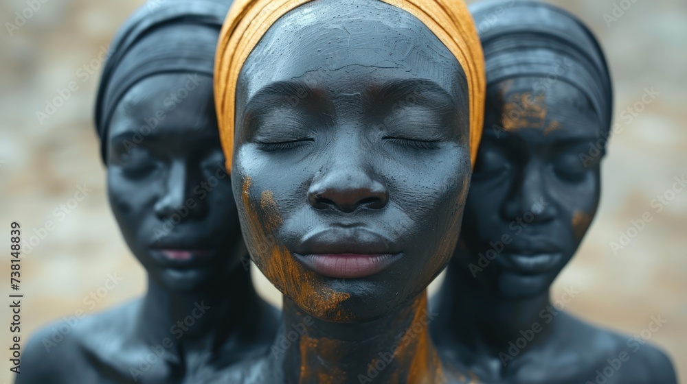 a close up of a woman's face with mud on her face and three other women's heads.