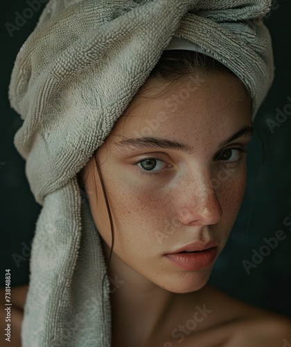 a close up of a woman with a towel on her head and a towel on her head covering her face. photo