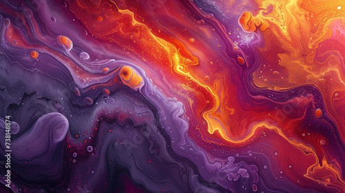 Radiant bursts of fiery reds, sun-kissed oranges, and deep purples creating a dynamic symphony of abstract hues on marble.