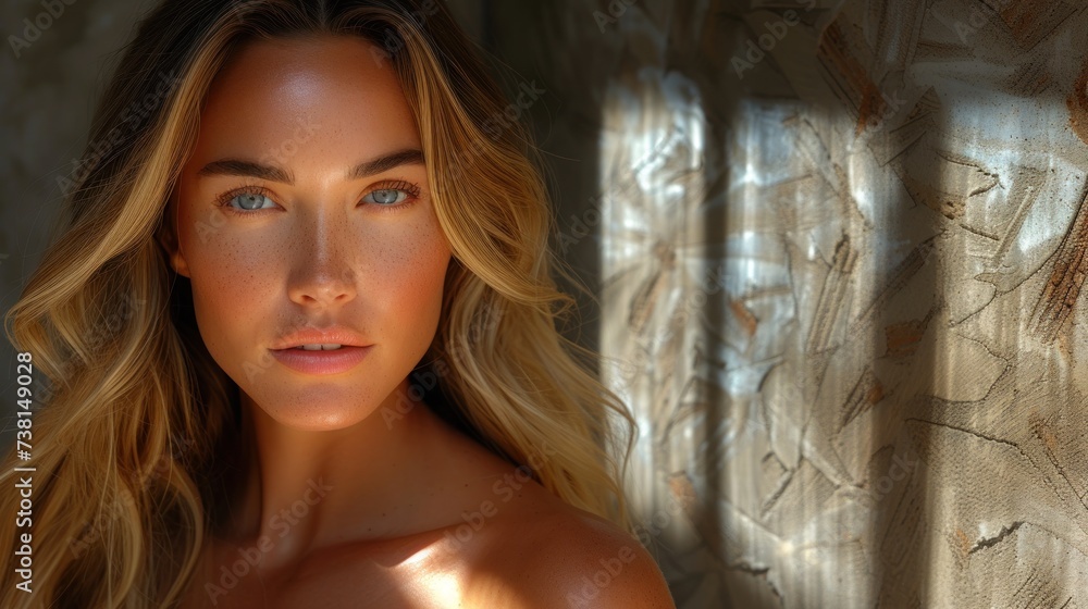 a close up of a woman's face next to a wall with a painting of a woman's face on it. a close up of a woman's face next to a wall with a painting of a woman's face on it.