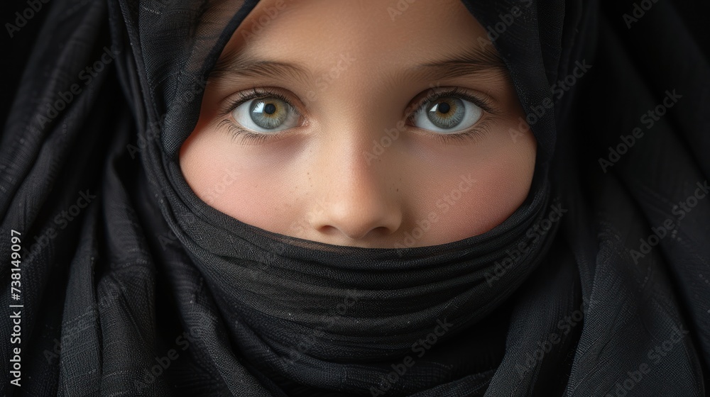 a close up of a person wearing a black scarf and looking at the camera with a serious look on their face. a close up of a person wearing a black scarf and looking at the camera with a serious look on their face.