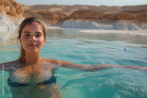 A young woman exhibits relaxation while swimming in a tranquil desert oasis surrounded by rocky cliffs
