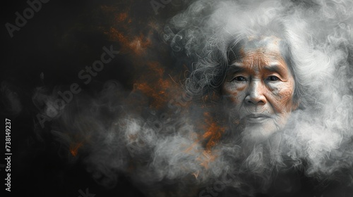 a woman with smoke coming out of her face and a black background with orange and white smoke coming out of her face.