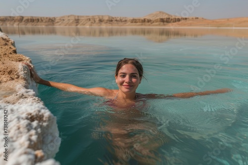 Content young woman relaxes with a smile in the warm waters of a desert hot spring against a tranquil backdrop
