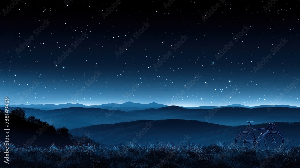 a night scene with a bike in the foreground and a mountain range in the background with stars in the sky.