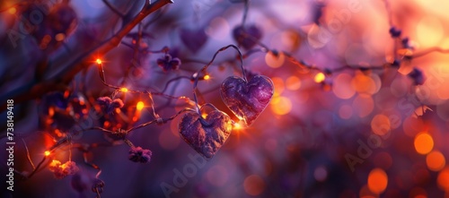 a close up of a tree with a bunch of lights hanging from it's branches and a blurry background. photo