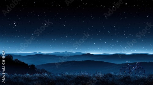 a night scene with a bike in the foreground and a mountain range in the background with stars in the sky.