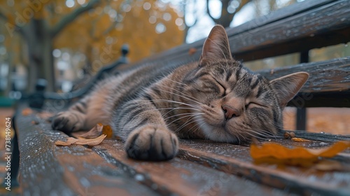 a close up of a cat laying on a bench with its eyes closed and it's head resting on the ground. photo