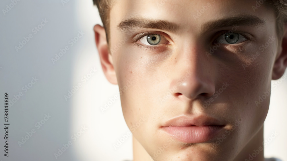 portrait of handsome young male model, headshot of Beautiful male model with large green eyes portrait of handsome young male model, headshot of Beautiful male model with large green eyes