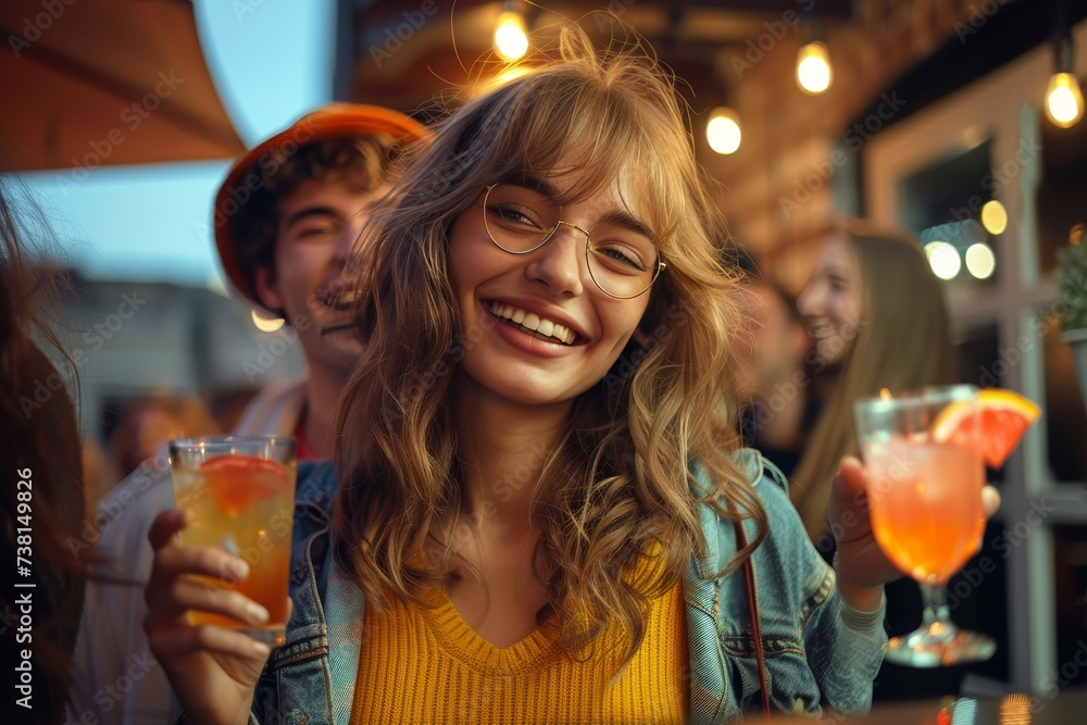 A joyous woman with glasses exudes happiness as she laughs with friends, enjoying a casual drink in a bar setting A joyous woman with glasses exudes happiness as she laughs with friends, enjoying a casual drink in a bar setting
