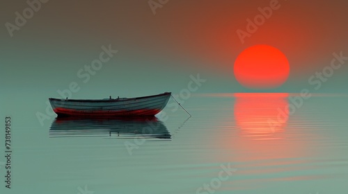 a small boat floating on top of a body of water under a red and orange sun setting in the sky.