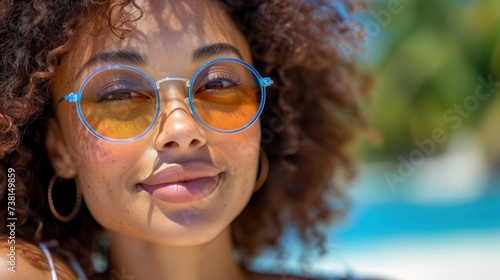 a close up of a woman wearing a pair of round sunglasses and a white tank top with a pool in the background.