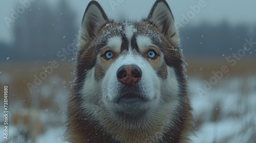a close up of a husky dog's face with a blurry background of grass and trees in the background. © Jevjenijs