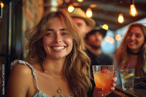 A joyful blonde woman smiling at the camera with friends and a cocktail in a vibrant bar setting