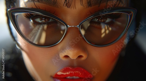 a close up of a woman's face with a pair of glasses on her face and a red lip. photo