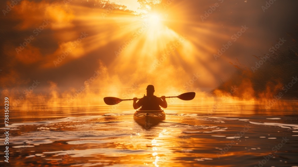 a person in a kayak paddling on a body of water with the sun shining through the clouds in the background.