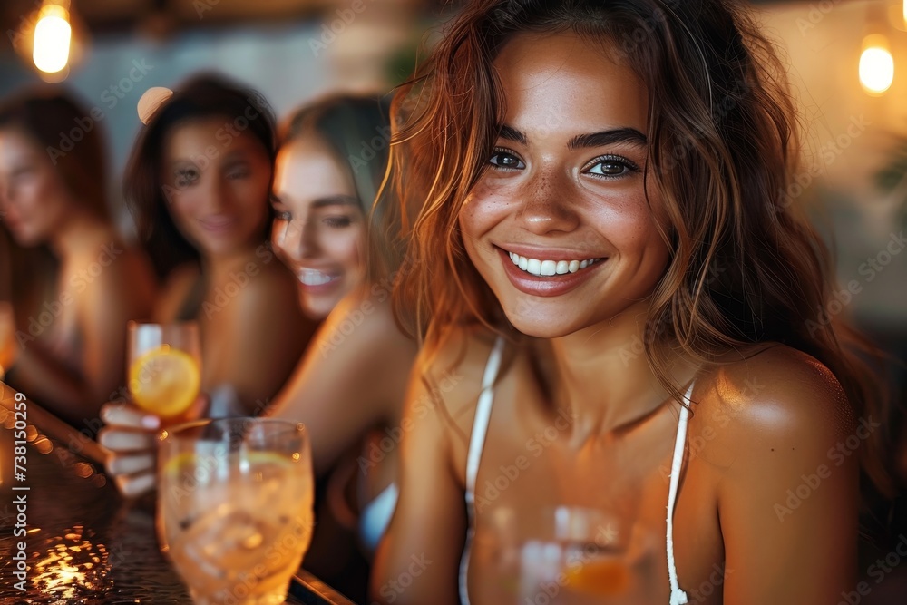 Radiant young woman holding a cocktail with a delightful expression, surrounded by friends in a sociable bar environment