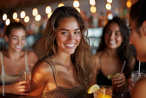 Single radiant woman with a charming smile holding a drink, engaging with the camera amidst a lively group outing at a bar