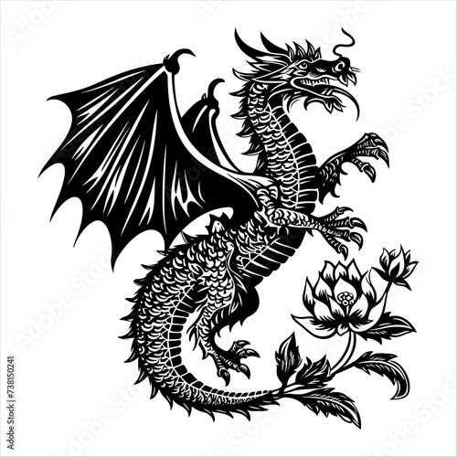 black dragon isolated on white, generative ai, vector illustration.