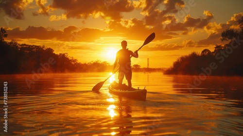 a man riding a paddle boat on top of a body of water under a cloudy sky with the sun setting. photo