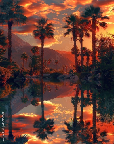 a painting of a sunset with palm trees in the foreground and a body of water in the foreground.