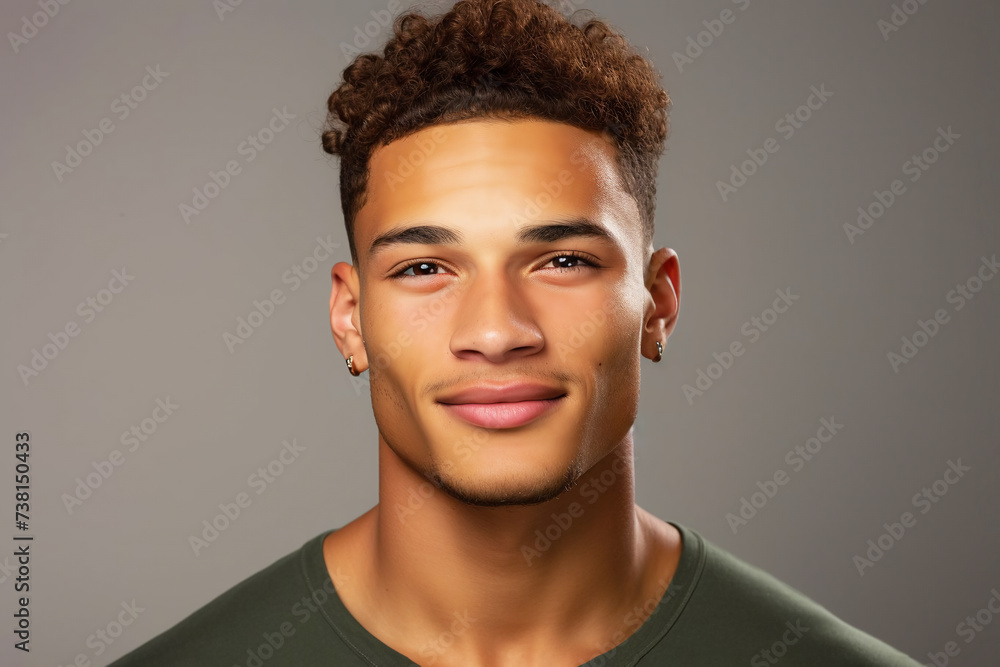 Fototapeta premium portrait of a young handsome smiling black mestizo man in close-up on a gray background