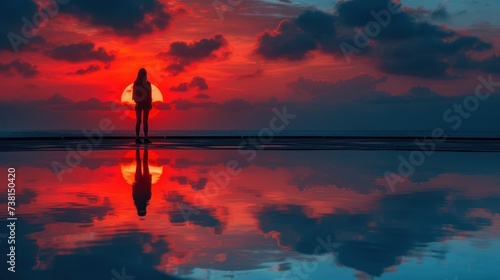 a person standing on a beach in front of a sunset with a reflection of the sun in the water and clouds. photo