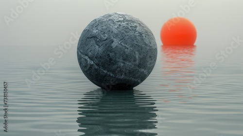 a large rock in the middle of a body of water with an orange ball in the middle of the water.