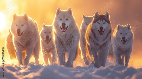 a group of white wolfs standing in the snow with their heads turned to the side and their mouths open. photo