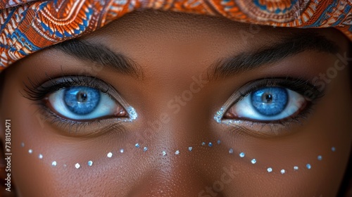 a close up of a woman's face with blue eyes and a head scarf on top of her head.