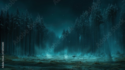 a forest filled with lots of tall trees under a sky filled with stars and a light at the end of the forest.