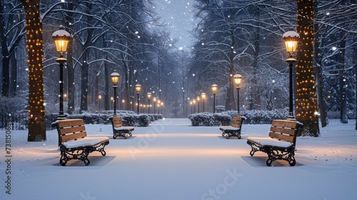 a couple of benches sitting next to each other in a park covered in snow and lit up by street lights.