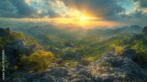 the sun shines through the clouds over a mountain range with green trees and bushes on either side of the mountain.