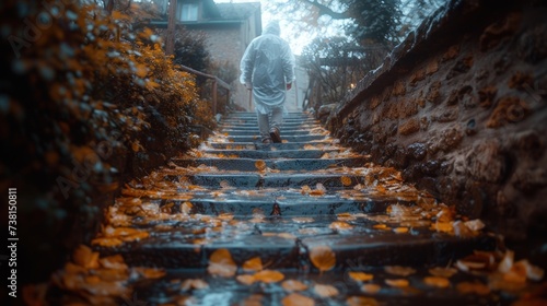 a man walking down a set of stairs in the rain with yellow leaves on the ground and on the ground. photo