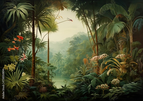 Fototapeta Naklejka Na Ścianę i Meble -  Lush jungle landscape in watercolor style.