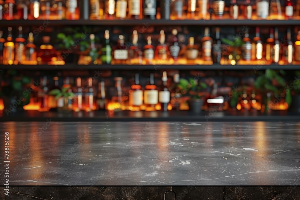 An upscale bar scene featuring a sleek counter with a warm array of backlit bottles creating a cozy yet exclusive atmosphere
