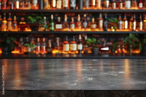 An upscale bar scene featuring a sleek counter with a warm array of backlit bottles creating a cozy yet exclusive atmosphere photo