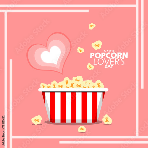 Popcorn Lover's Day event banner. A bucket of popcorn with bold text and hearts in frame on pink background to celebrate on March