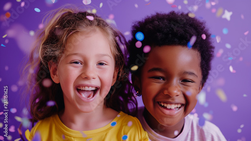 Portrait of two kids, laughing children of different nationalities in yellow and white t-shirt posing together at a holiday party with confetti on purple background