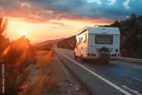 Travel and exploration theme as an RV moves along a highway framed by the warm glow of a sunset, signifying the freedom of the open road photo
