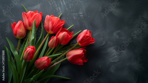 beautiful red tulips on a black background.