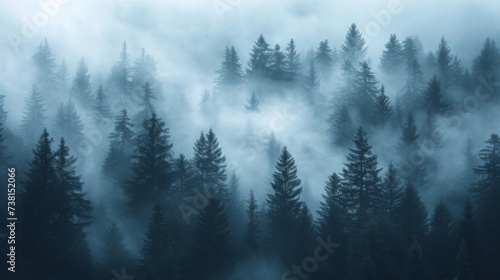 A pine forest enveloped in an ethereal fog in blue undertone © Simone