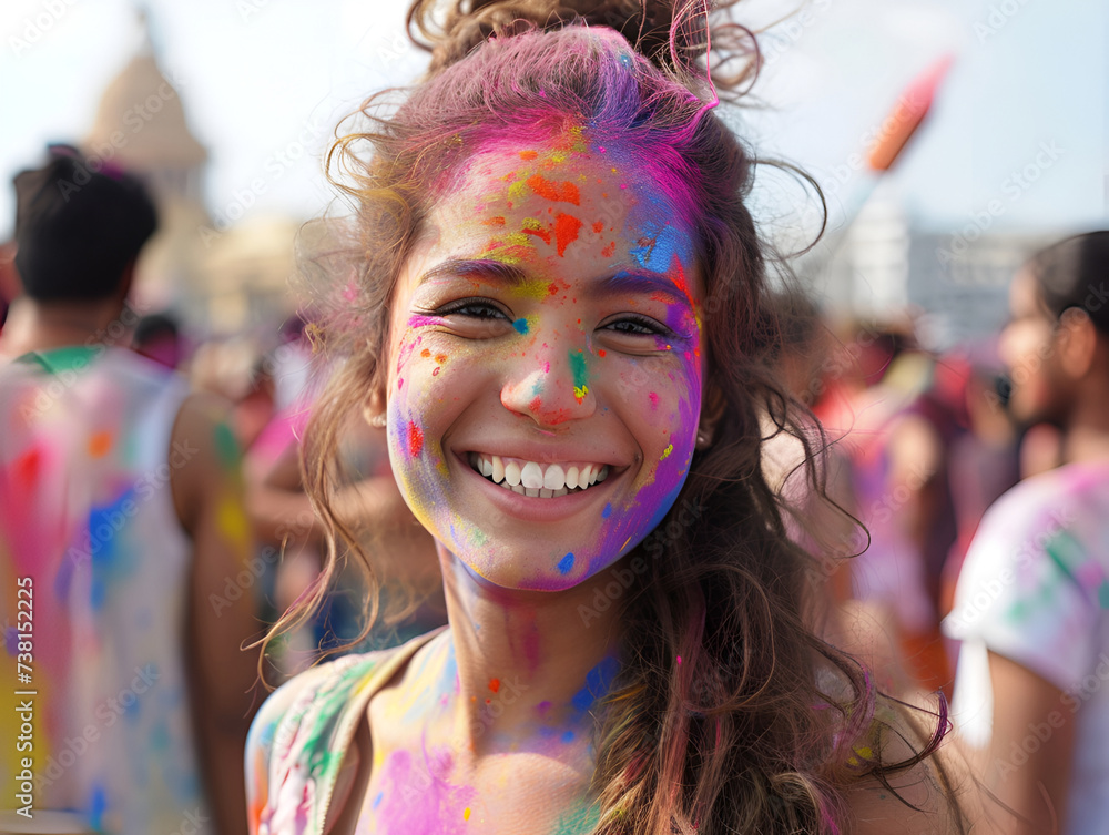 A girl enjoys the Holi festival crowd A girl enjoys the Holi festival crowd