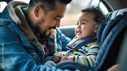 smiling father looking at his baby who is securely strapped into a car safety seat, depicting a moment of bonding and responsible parenting. © MP Studio