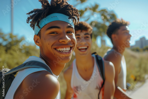 group of brown and white happy teenagers laughing having fun in summer on roadside friends tank tops headband backpacks boys sunlight outdoors bond friendship cheerful youth joyful students friendship