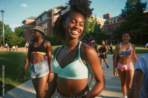 black young woman college students queer smiling in summer on university campus friends bras sunlight sunbath outdoors bright cheerful upbeat youth joy joyful radiant bun sunny american hat photo