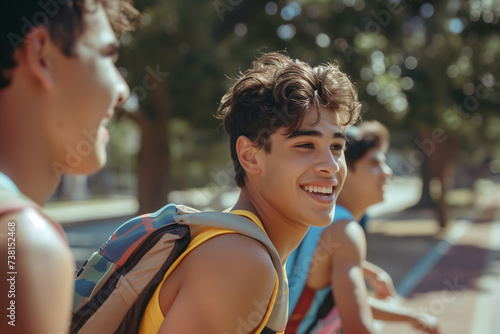 group of cheerful hispanic young men teenagers laughing standing happy having fun in summer friends tank tops backpacks boys sunlight handsome outdoors friendship youth joyful students spontaneous