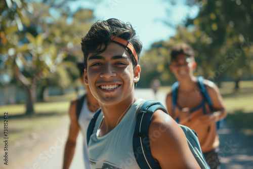 group of smiling young men brown indian hispanic walking on a road happy having fun in summer friends tank tops headband guys sunlight trees outdoors friendship youth joyful students spontaneous park