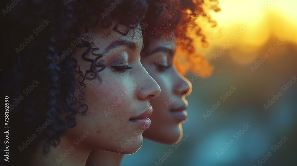 Silhouettes of two women with curly hair against a sunset background. Concept: calm and harmony, meditation and spiritual development, the power of female aura and energy